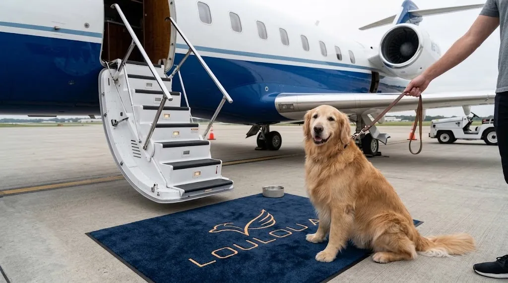Un golden retriever assis sur un tapis Loulou Air, au pied de la passerelle d’un jet privé